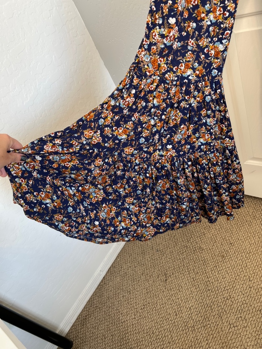Blue Life smocked jumpsuit navy ditzy floral wide tiered flare legs XS - Picture 5 of 7